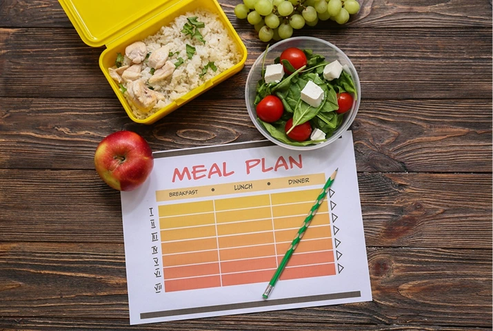 Personalised meal plan beside balanced meals, fruit and vegetables