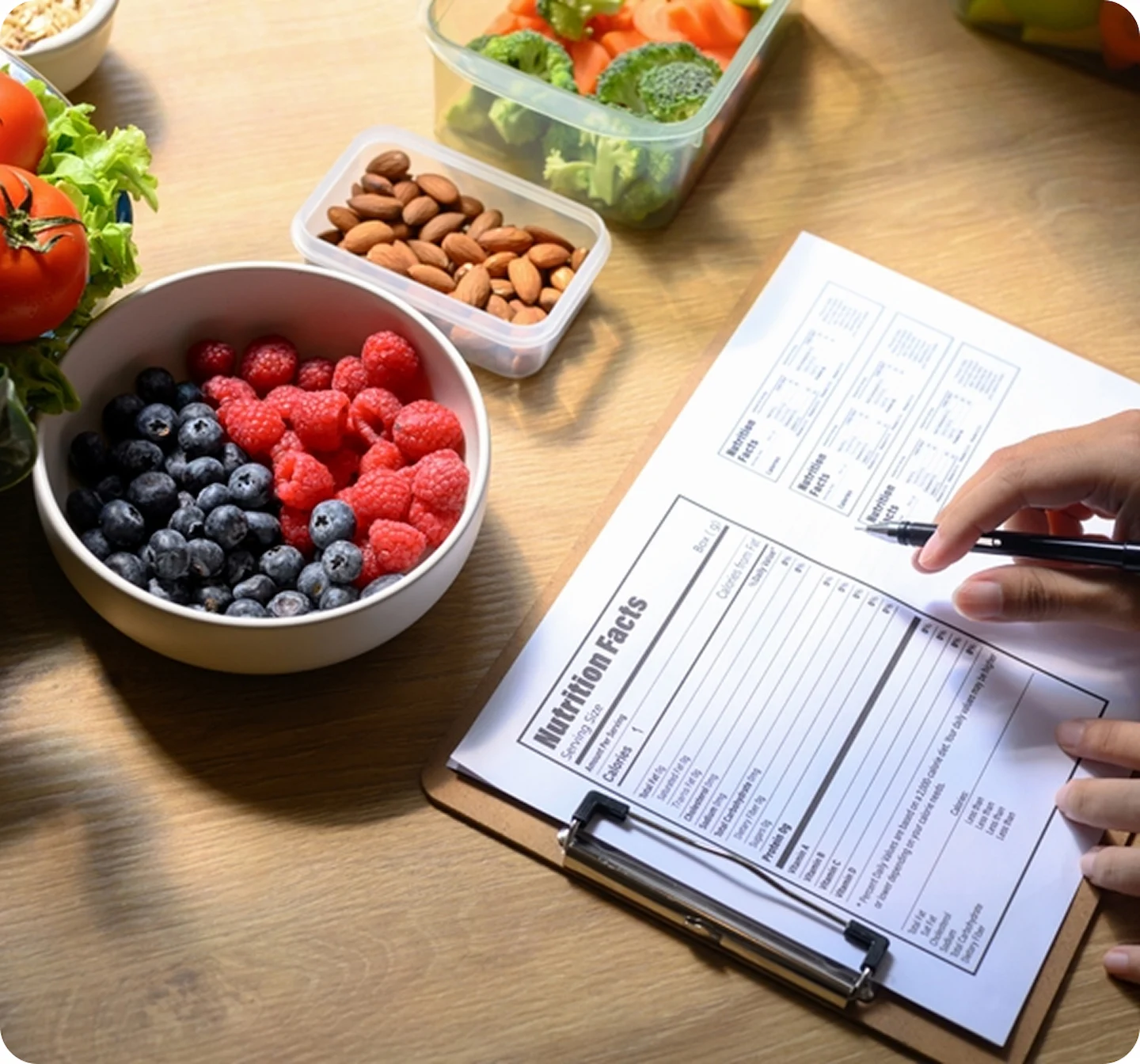 Nutrition assessment form beside berries, nuts and fresh vegetables