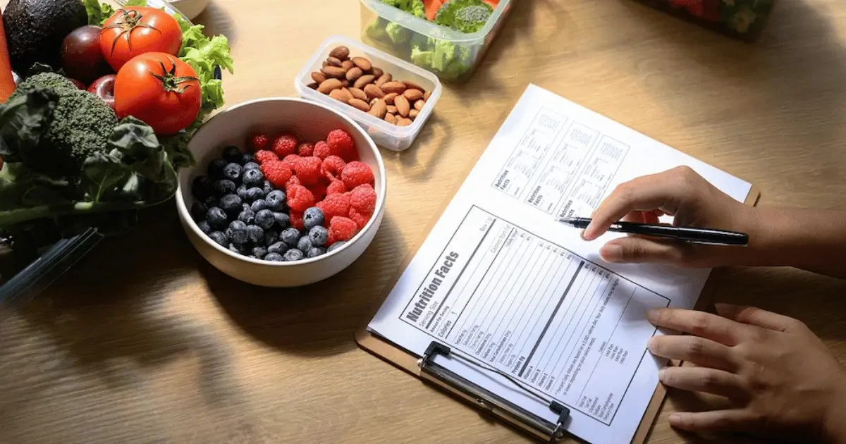 Nutrition assessment form beside berries, nuts and fresh vegetables