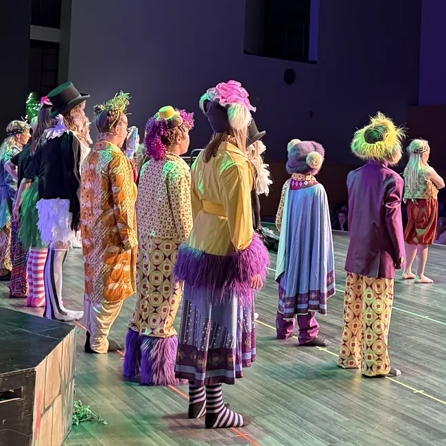 Group of performers in colorful, patterned costumes standing on stage during a theatrical show.