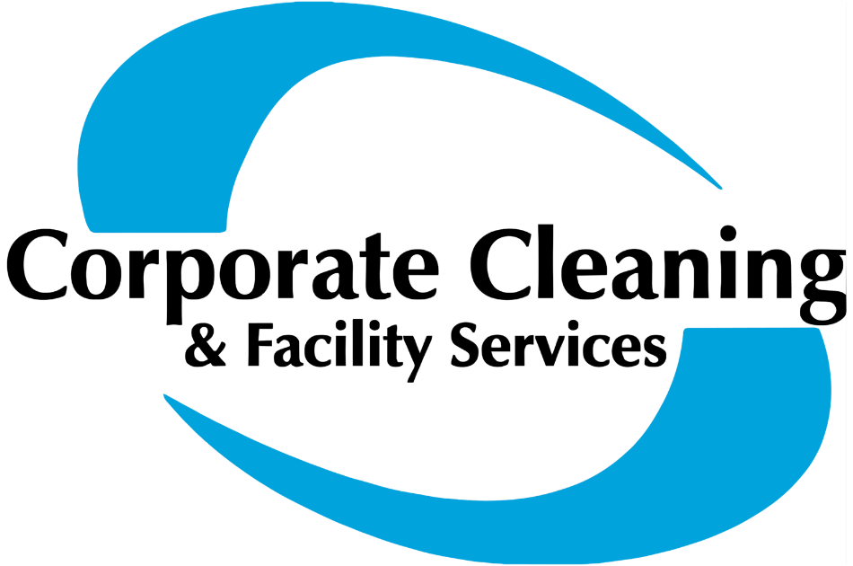 Logo with blue curved shapes surrounding the black text 'Corporate Cleaning & Facility Services'.