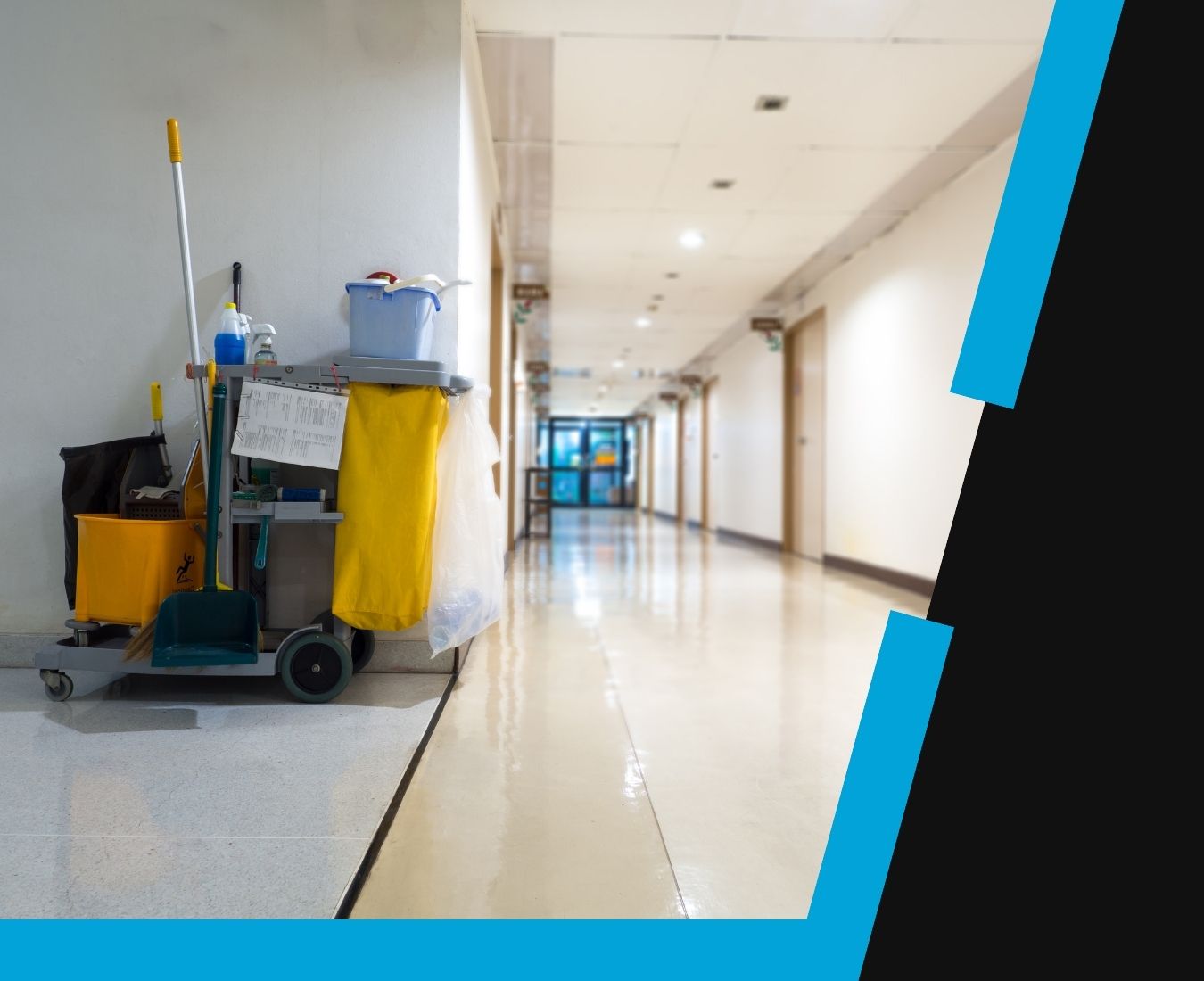 Cleaning cart with mop, broom, dustpan, yellow waste bags, and cleaning supplies standing against a wall in a brightly lit, shiny hospital or building corridor.
