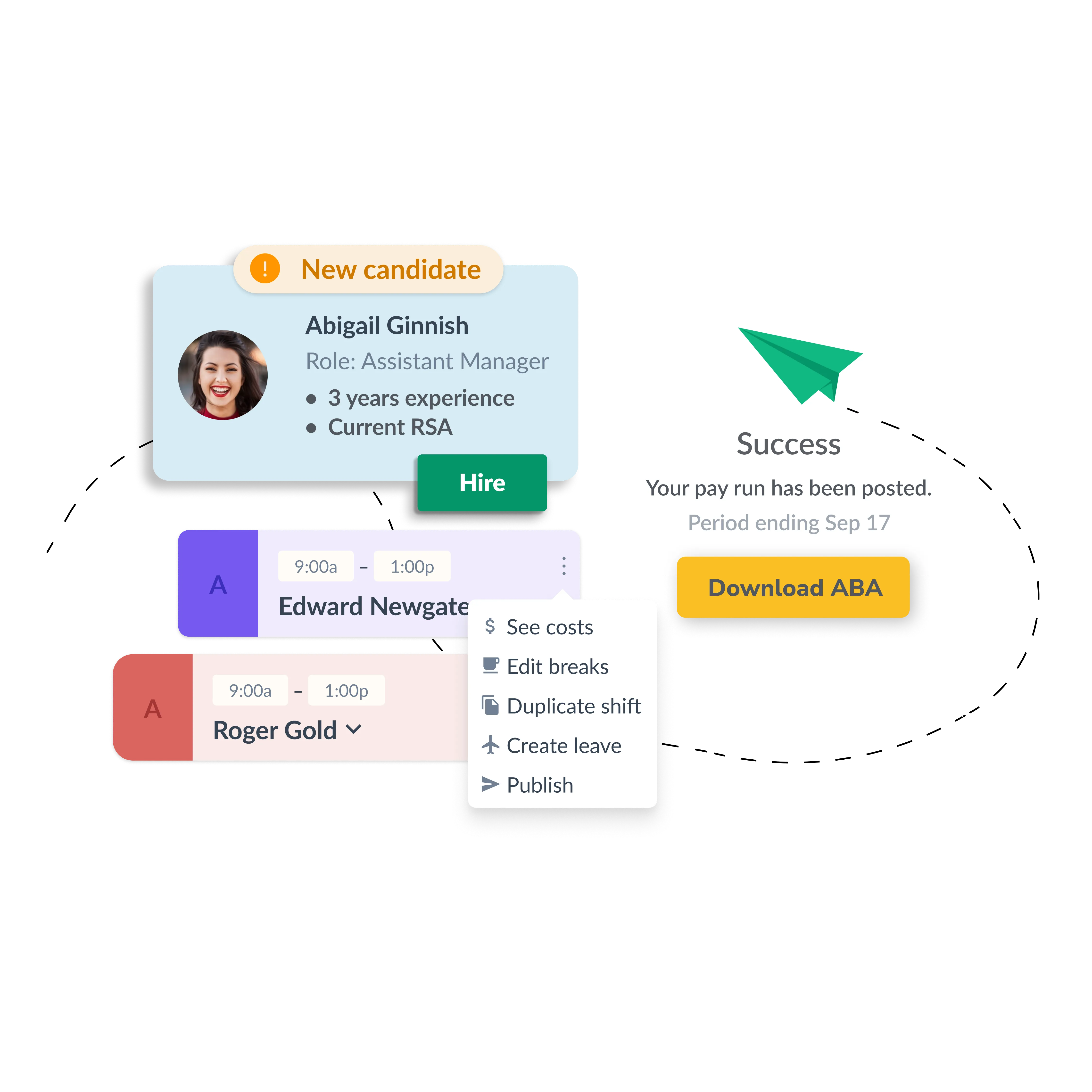 User interface showing new candidate Abigail Ginnish, shifts for Edward Newgate and Roger Gold, and pay run success message.