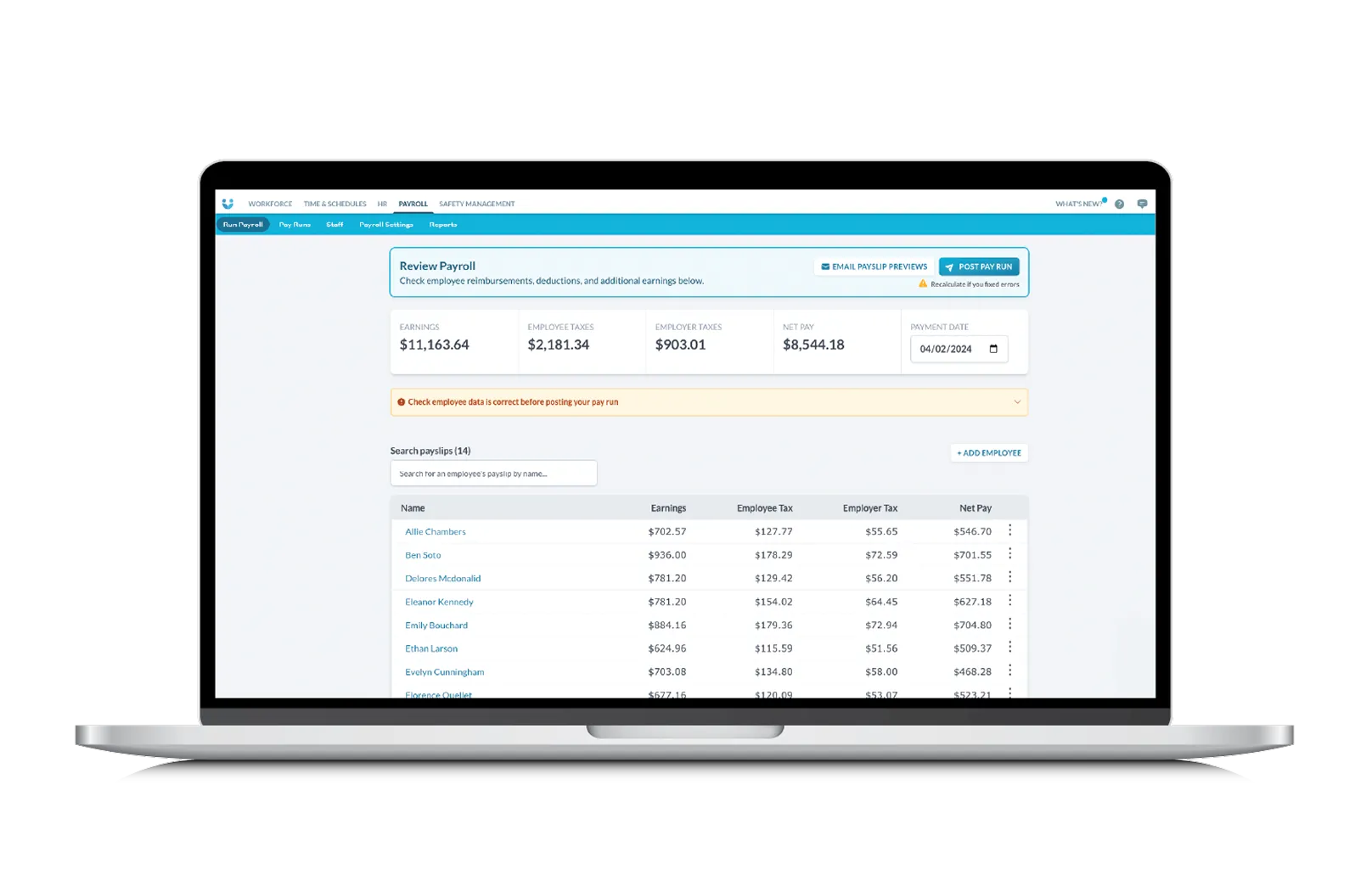 Laptop screen displaying payroll software with employee earnings, taxes, net pay, and payment date.