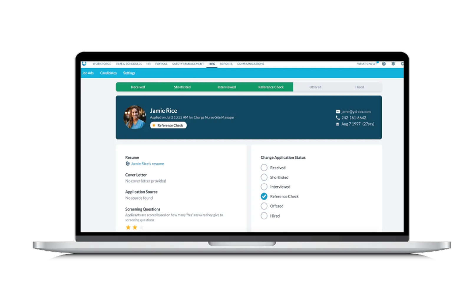 Laptop screen showing applicant tracking system with candidate Jamie Rice in reference check stage.