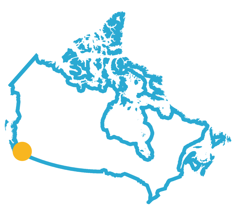 Outline map of Canada with a large orange dot marking the southwestern coast near Vancouver.