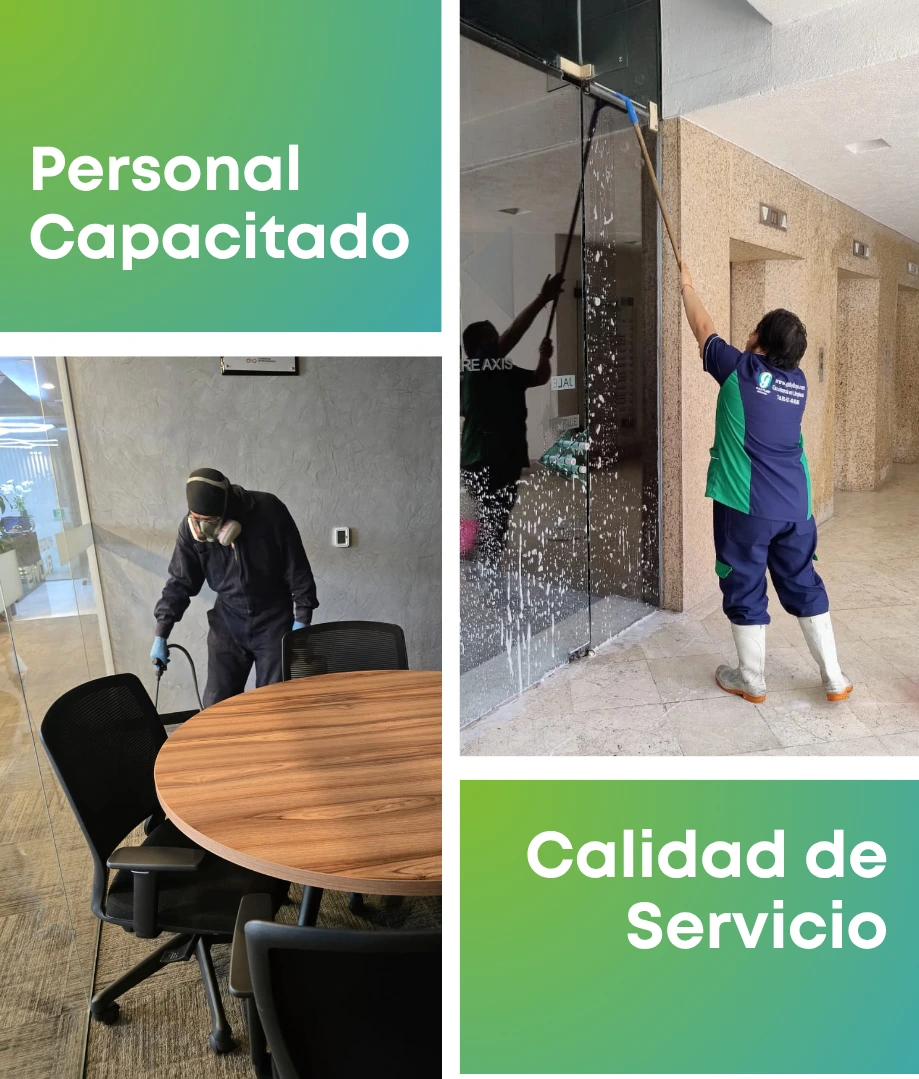 Auxiliar de limpieza limpiando un vidrio 