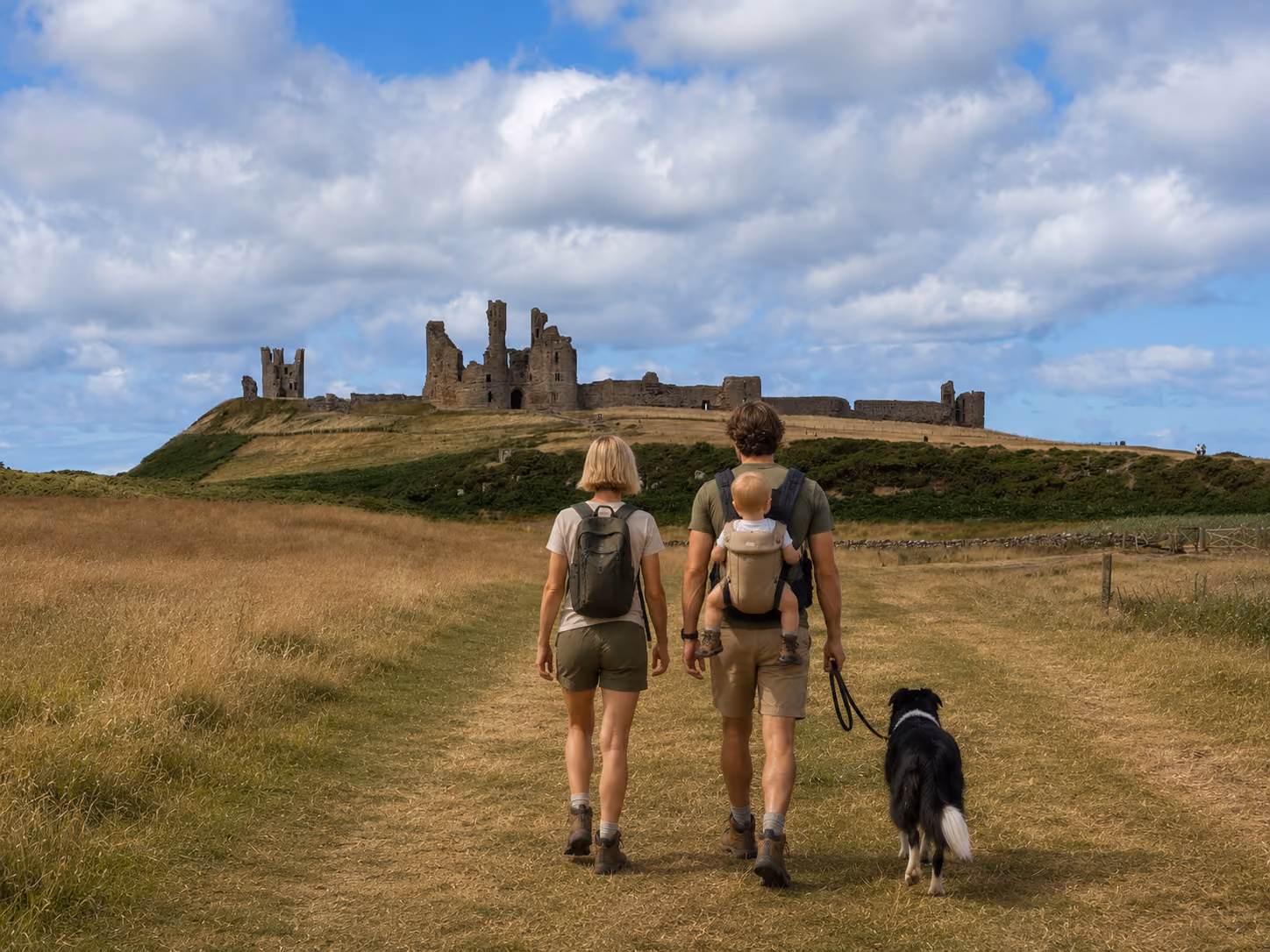 A family approaching Dunstanburgh Castle