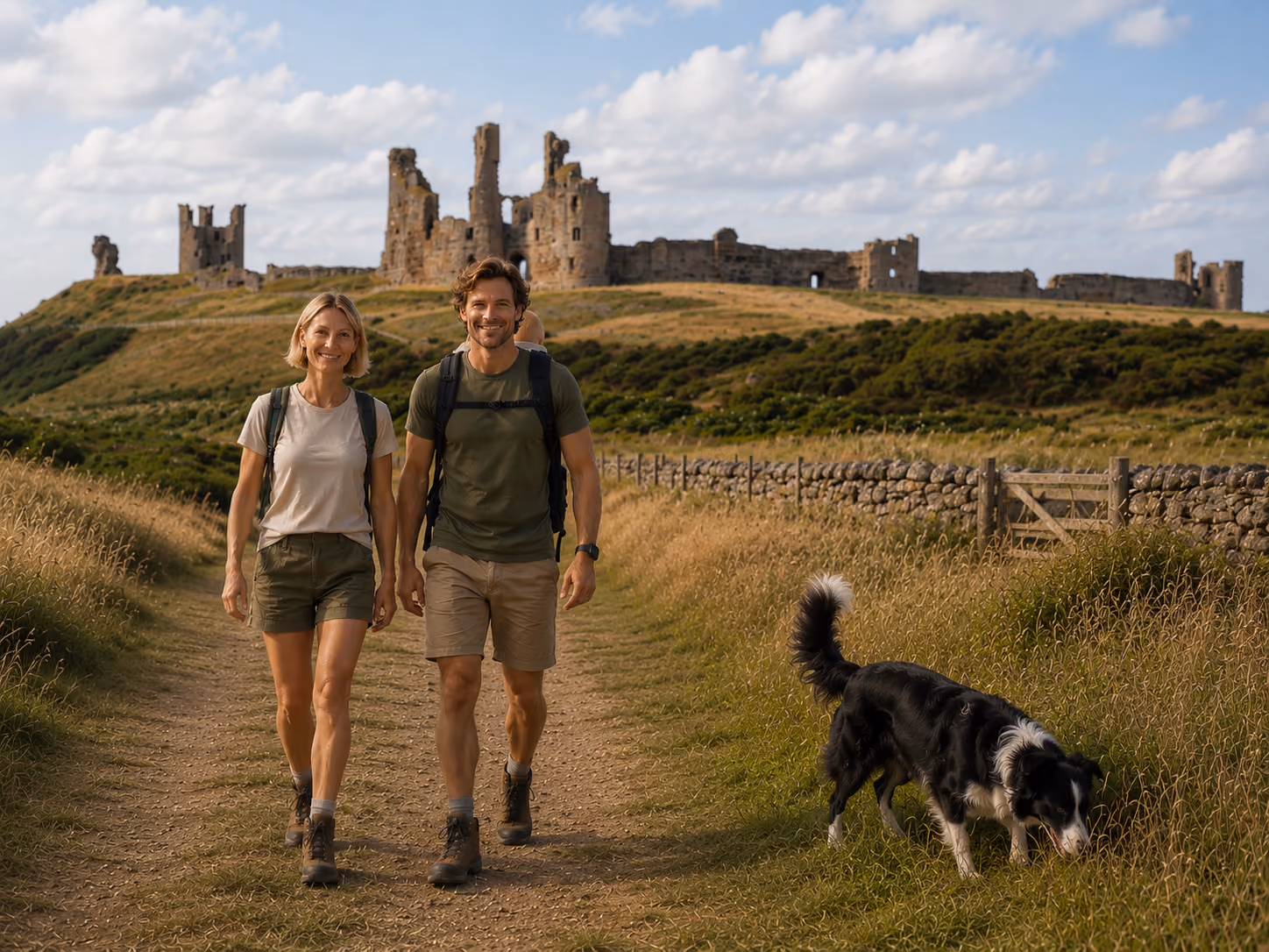 Family walking away from Dunstanburgh Castle