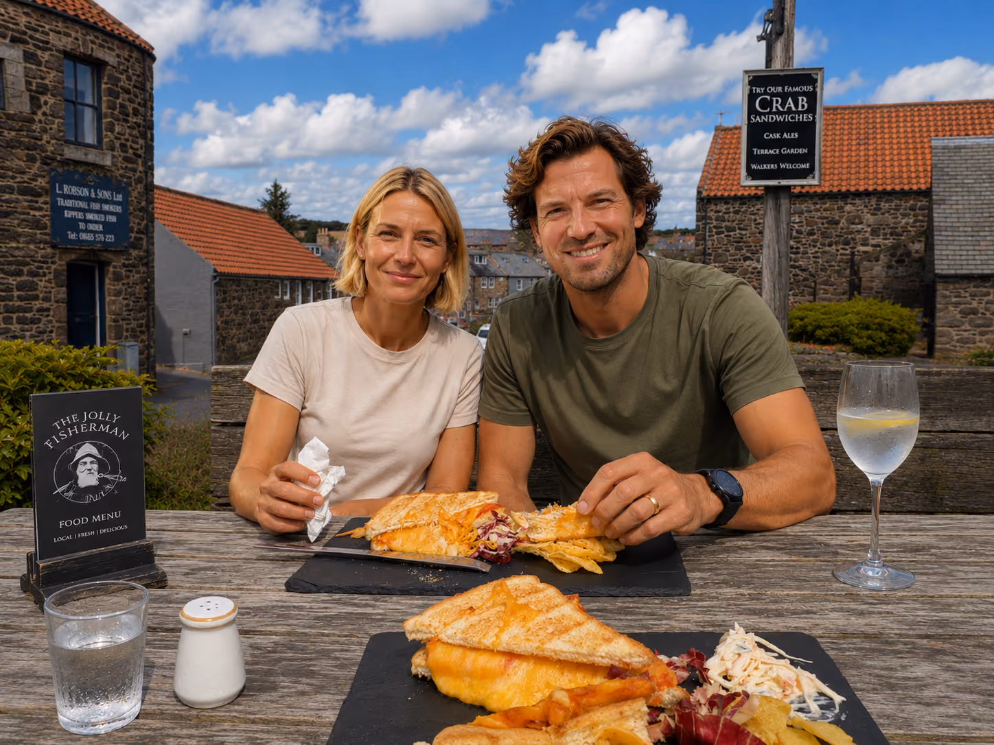 A couple eating lunch outside The Jolly Fisherman in Craster
