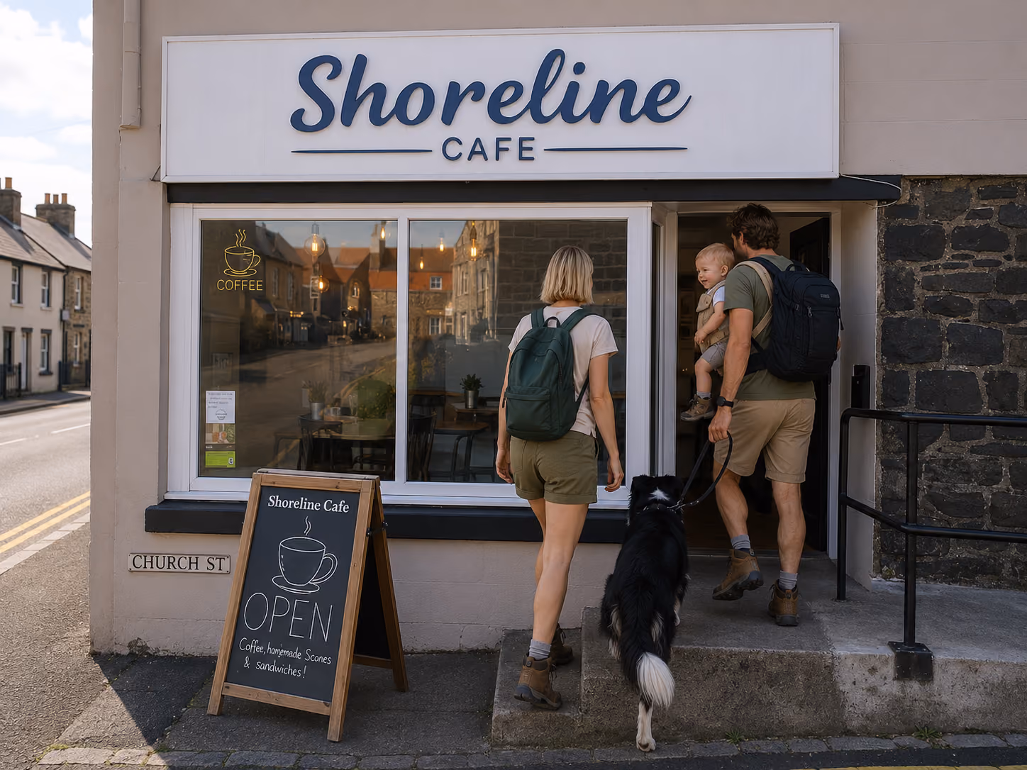 Family entering the Shoreline Cafe in Craster