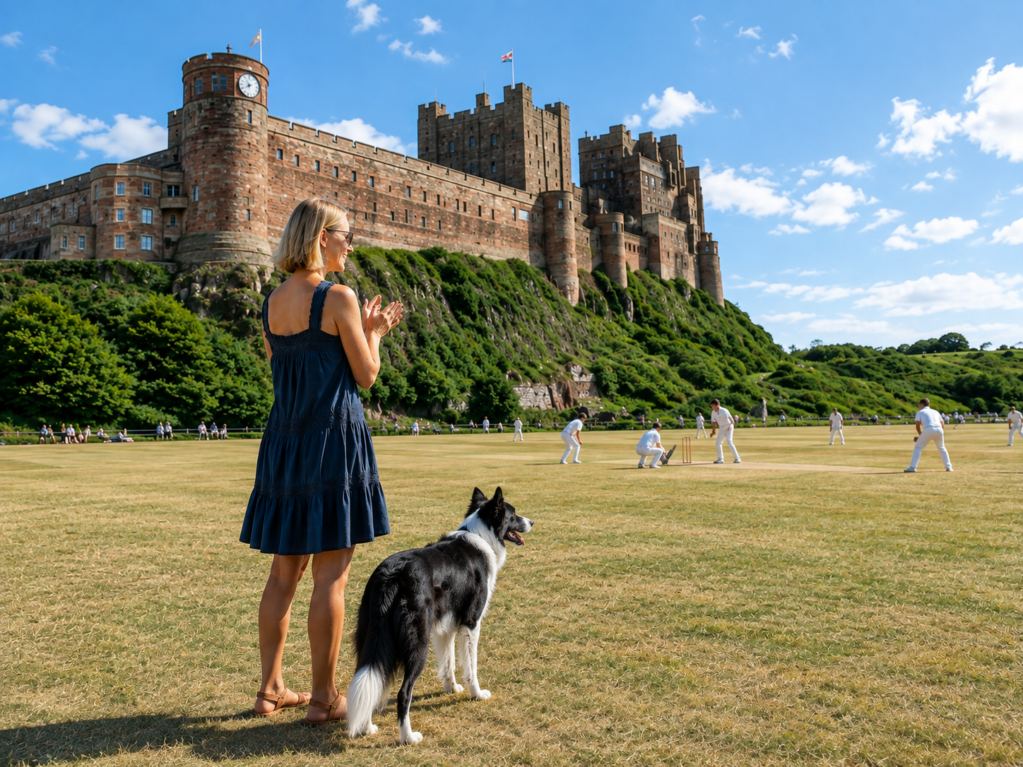 A young lady enjoying cricket in a summer dress at Bamburgh