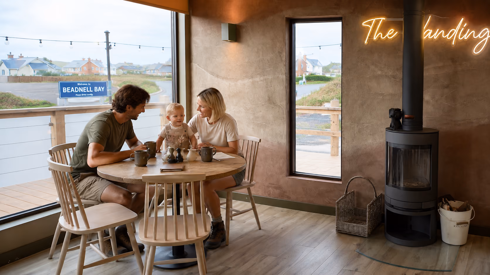 A family with young child sitting at corner table by the window