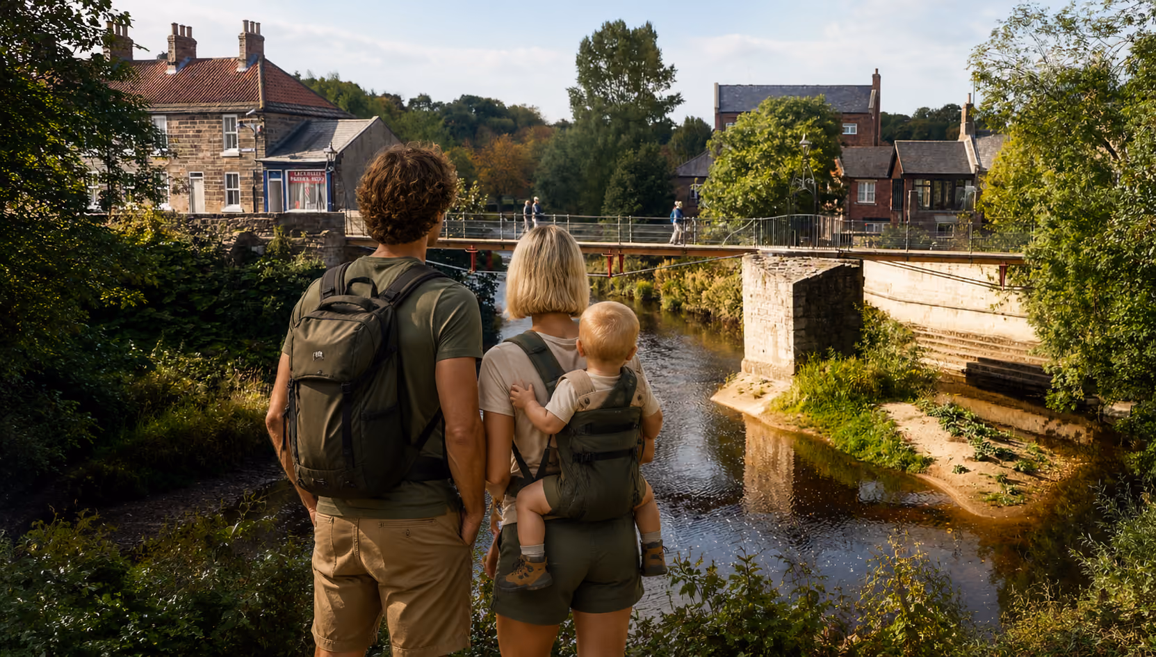 Young couple watching people crossing bridge in Morpeth