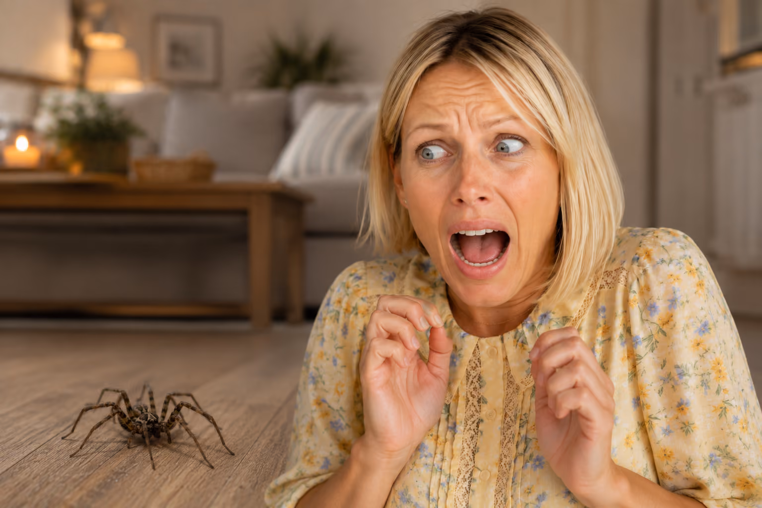 Young woman screaming at house spider