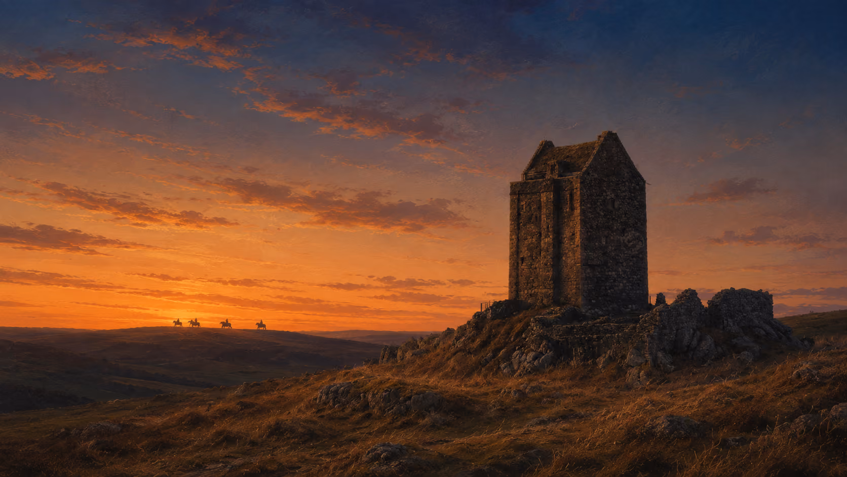 A lone stone pele tower on a windswept Northumberland hillside at dusk, warm amber sky fading to deep blue, distant silhouetted riders on the horizon line, painterly editorial illustration, muted warm palette, atmospheric and quiet.