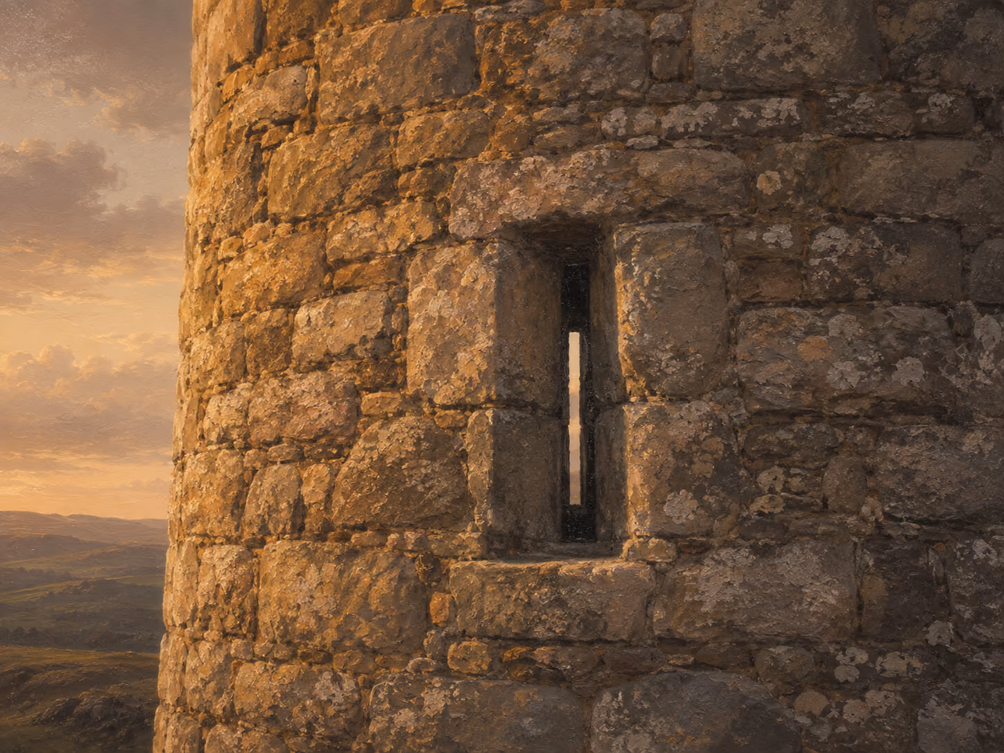 Close-up textured illustration of a thick stone tower wall with a single narrow slit window, warm late-afternoon light catching the stone, painterly texture, muted sand and driftwood tones.