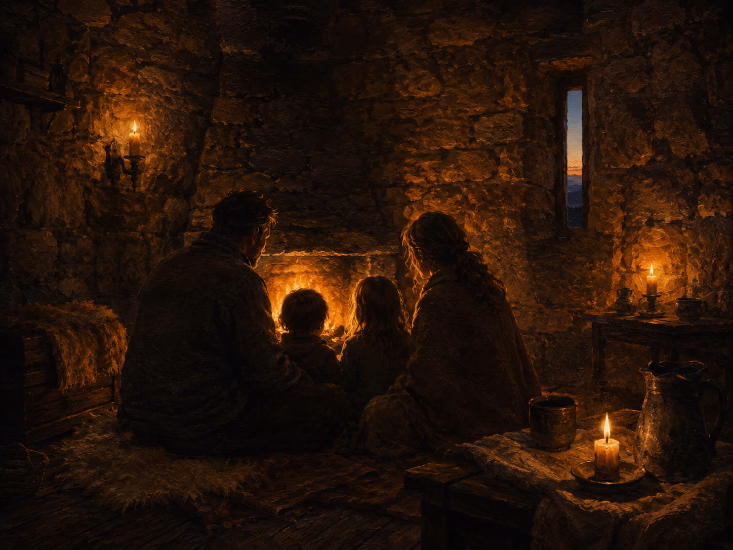 Interior scene of a stone tower room lit by candlelight, a family silhouette gathered close together in warm firelight, no distinct faces, cosy but tense atmosphere.