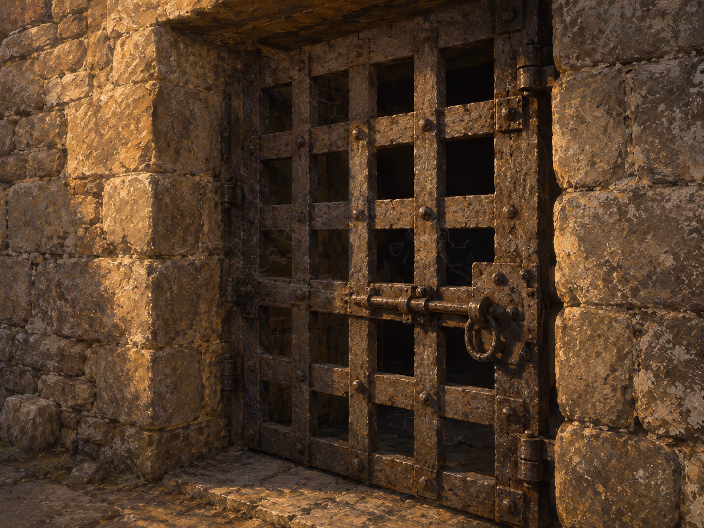 Detail illustration of a heavy iron gate (yett) set into a stone doorway.