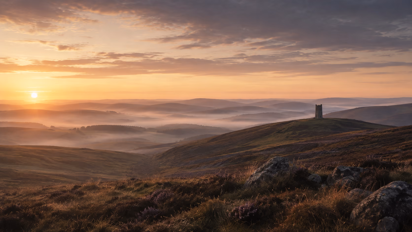 Wide, empty rolling border hills at first light, mist low in the valleys, a single stone tower small in the distance, muted heather and olive tones, peaceful and vast.