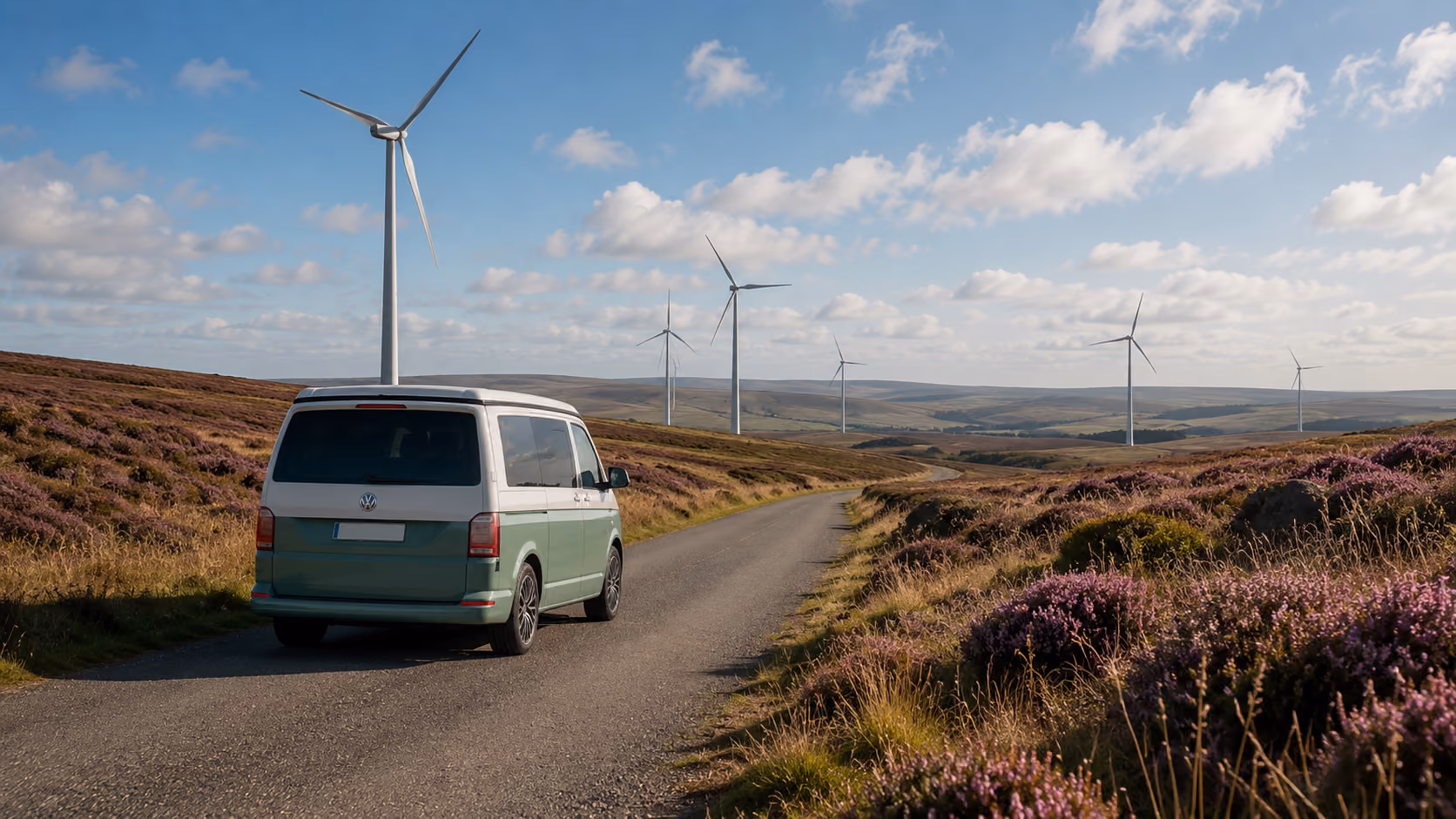 VW Camper Van crossing moorland wind turbines.