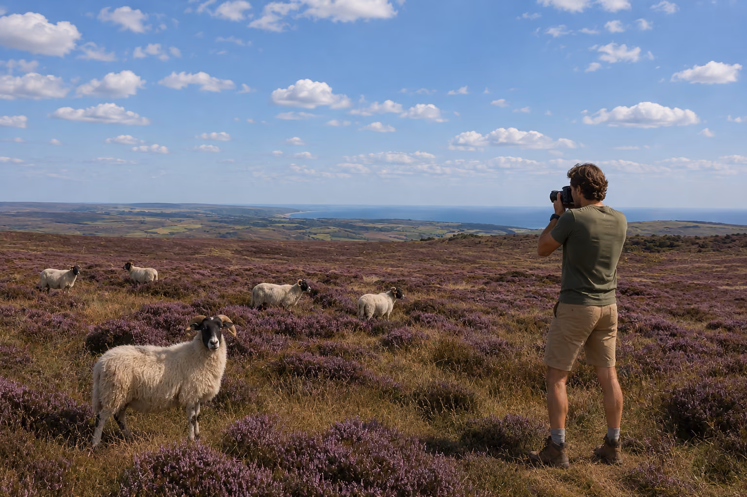 Young man taking photograph across the moor.
