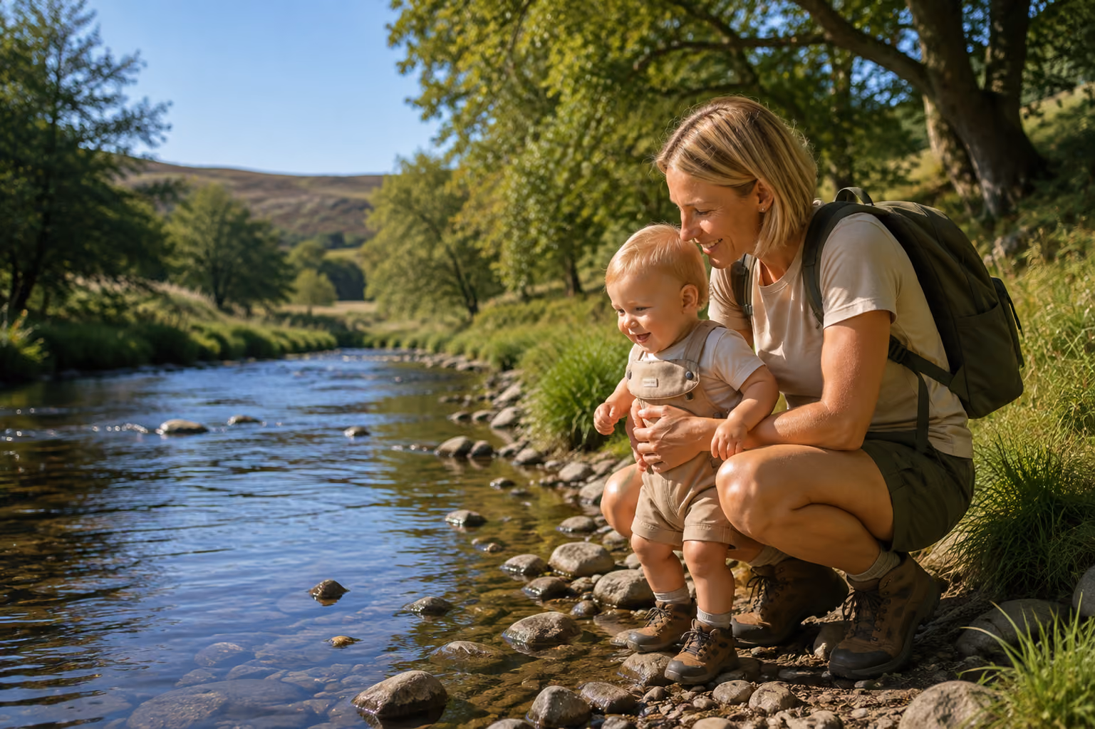 Mother and young son at riverside