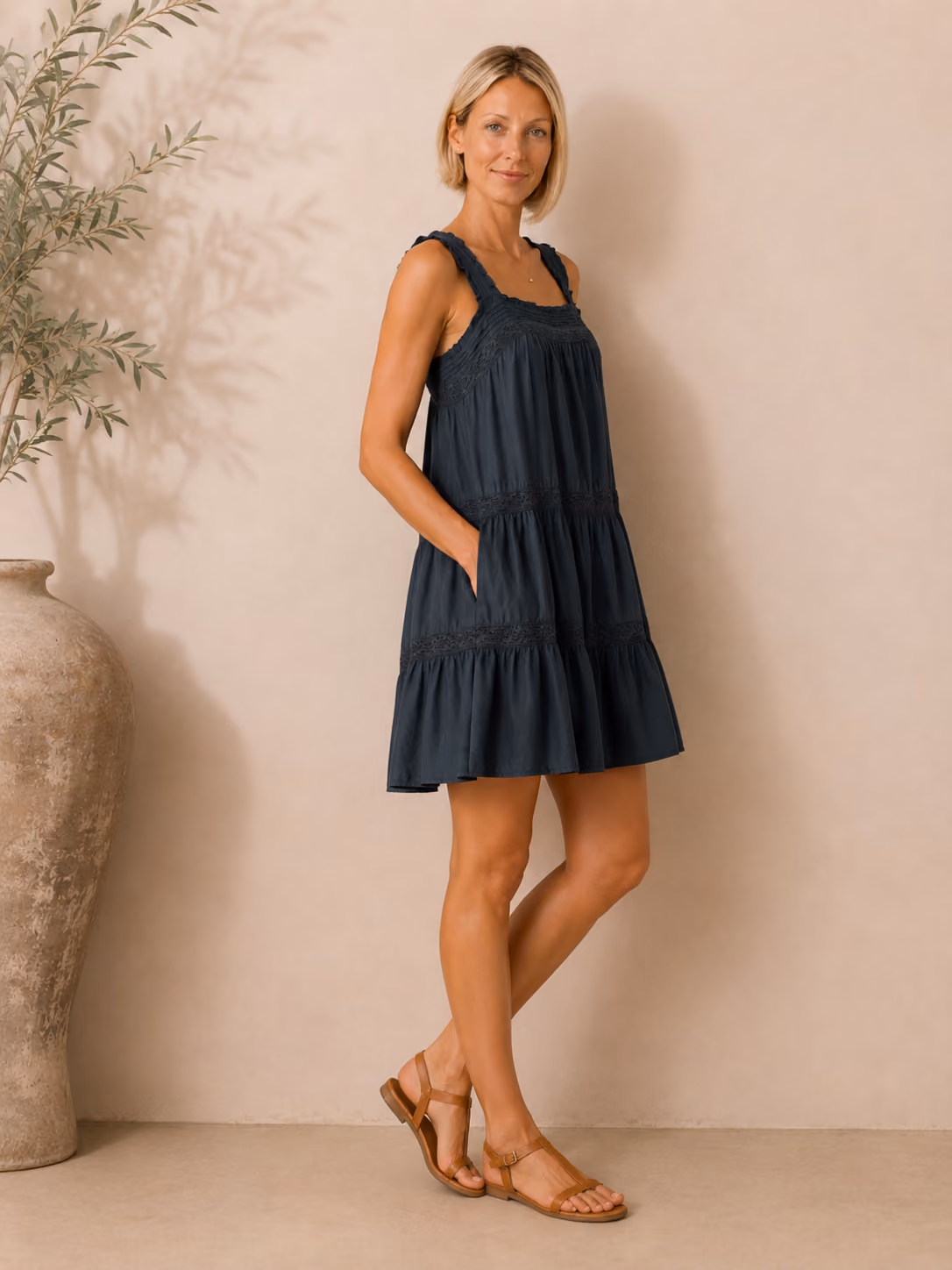 Lace Square Neck Mini Tiered Smock Dress