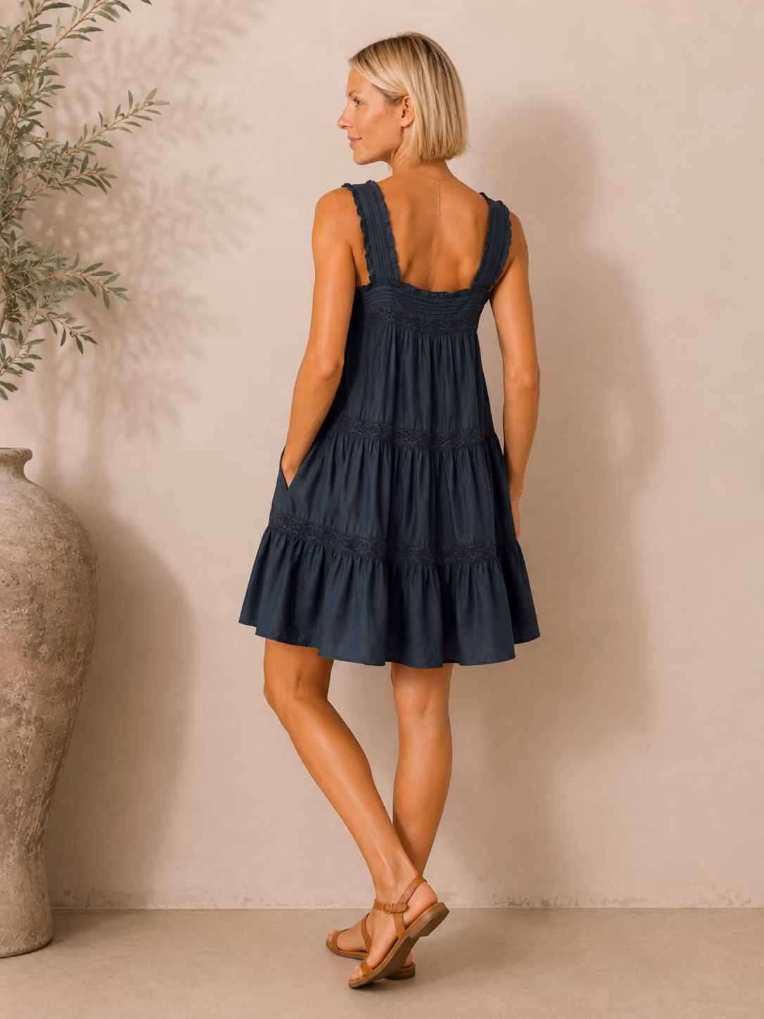 Lace Square Neck Mini Tiered Smock Dress