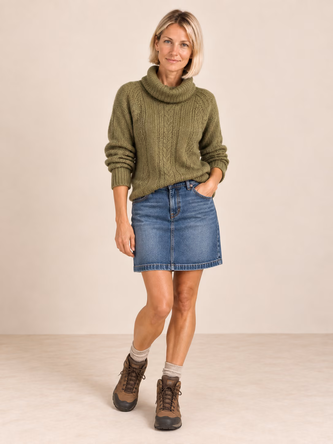 Pointelle Roll Neck Jumper with Wool - Sage