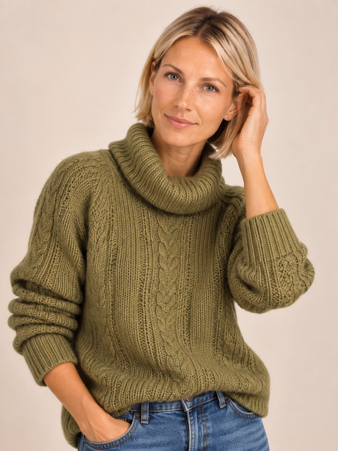 Pointelle Roll Neck Jumper with Wool - Sage