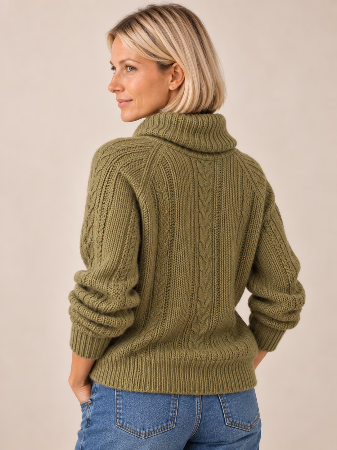 Pointelle Roll Neck Jumper with Wool - Sage