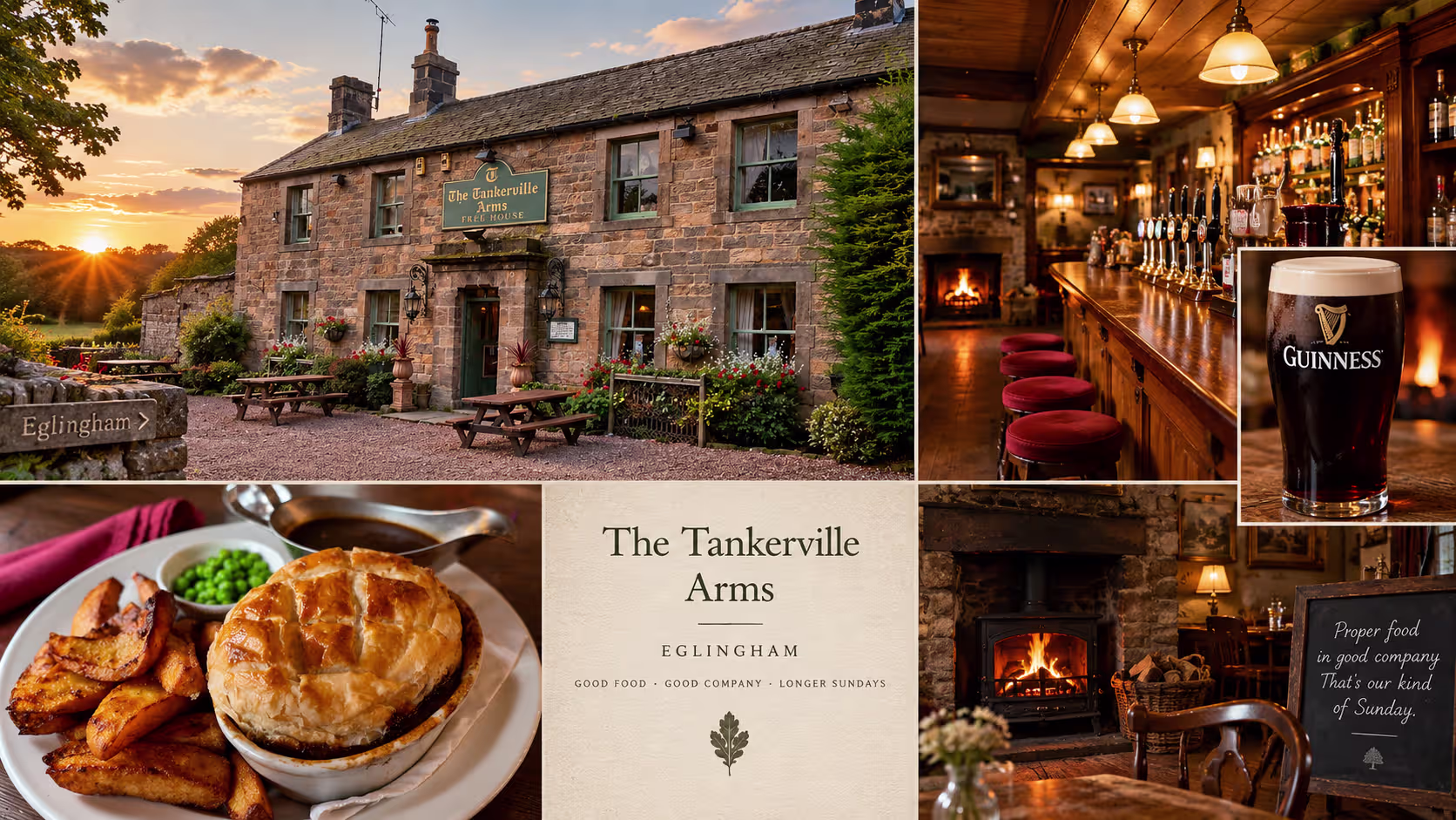 Composite shot of the pub inside with food on table