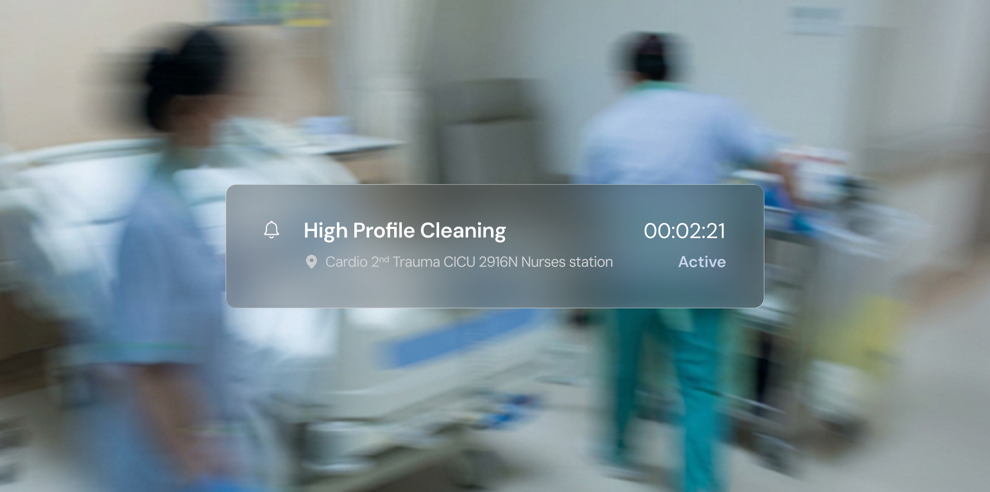 Blurred hospital scene with overlay text: High Profile Cleaning active at Cardio 2nd Trauma CICU nurses station.