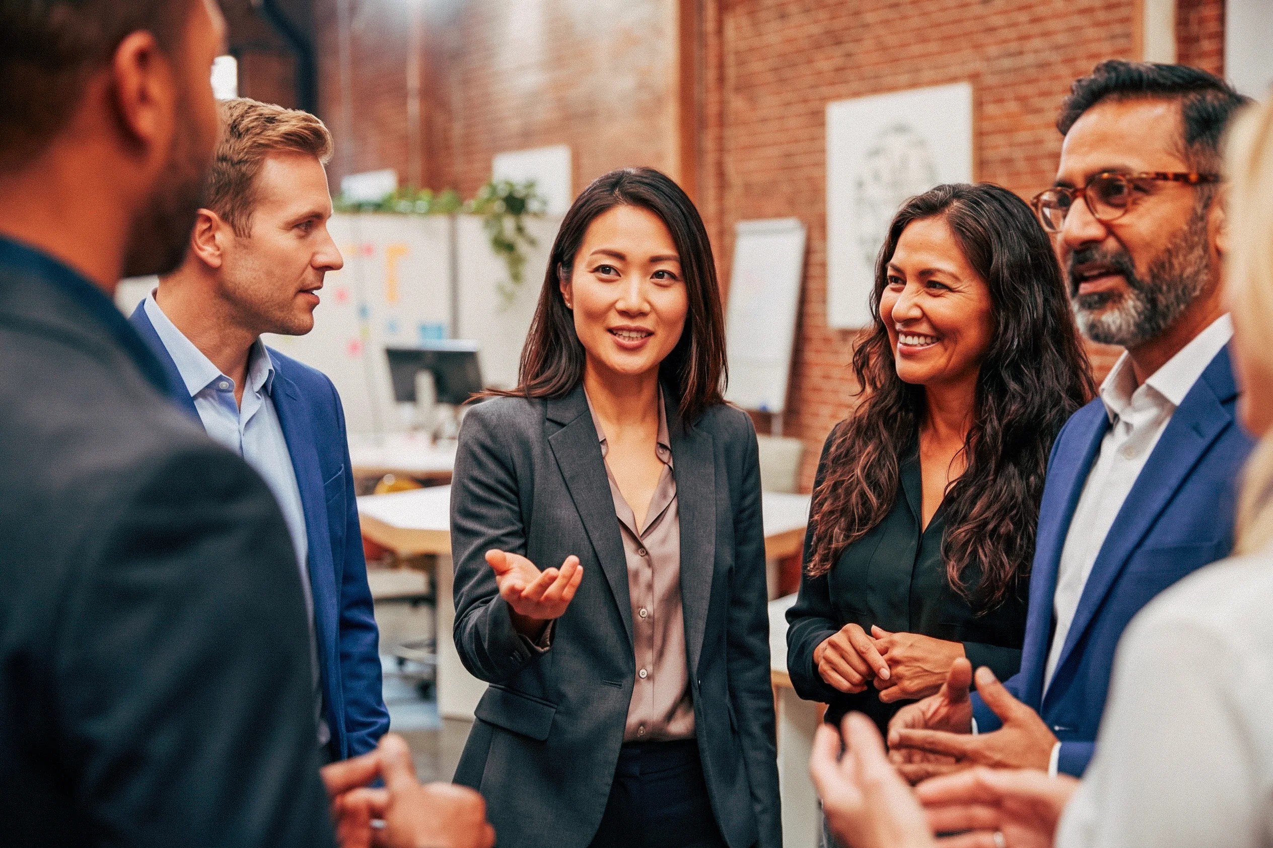 A group of six diverse businesspeople in an office engaged in a friendly discussion, with a woman in a gray blazer speaking and gesturing with her hand.