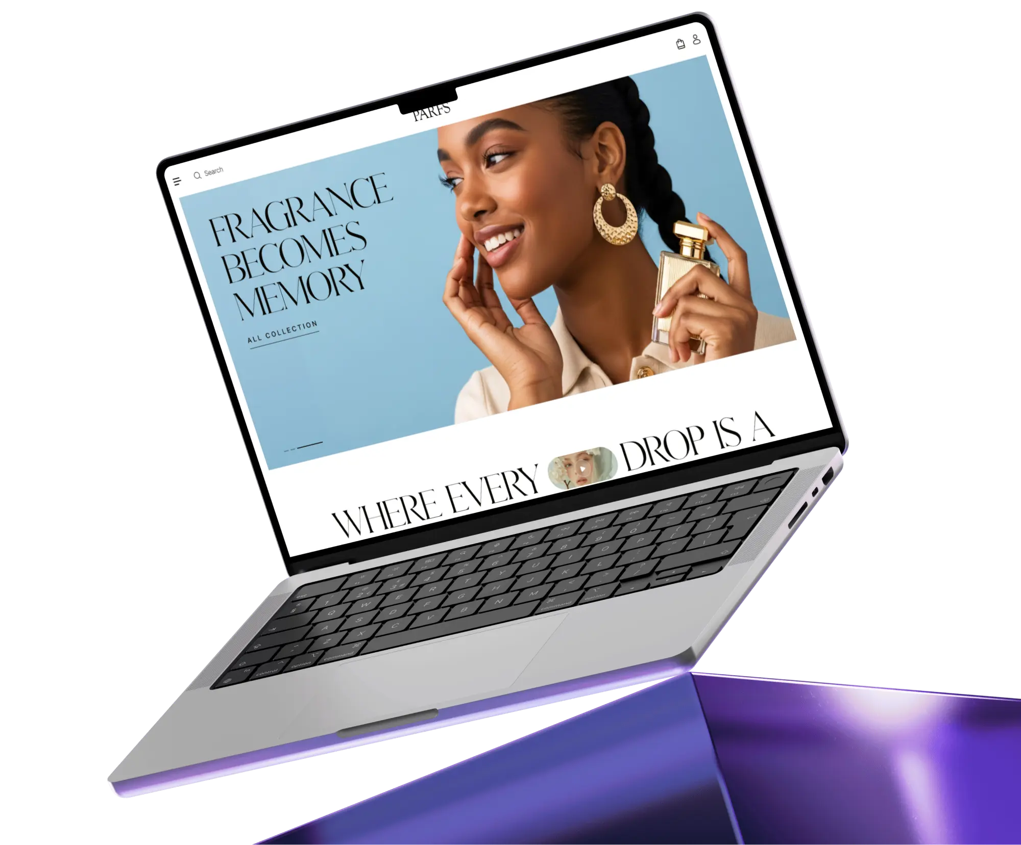 Laptop on reflective pedestal displaying luxury Shopify ecommerce store