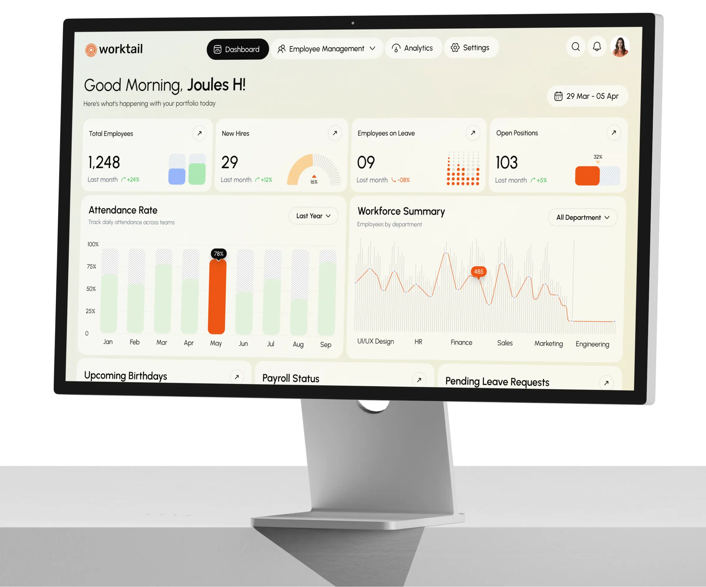 Desktop studio display monitor displaying SaaS product management dashboard