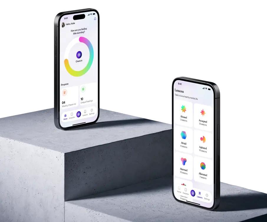 Two smartphones on architectural podium displaying mobile app interfaces