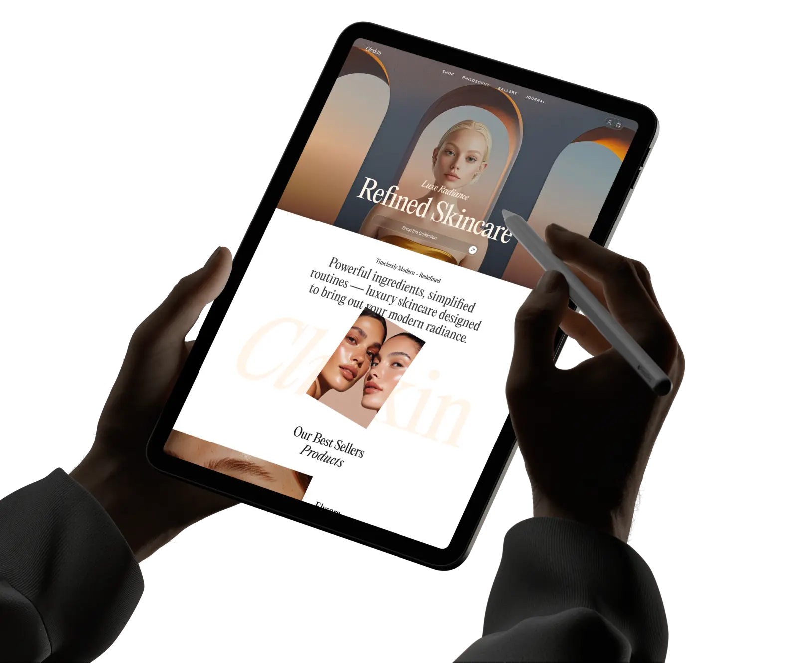 Tablet showcasing modern skincare web application