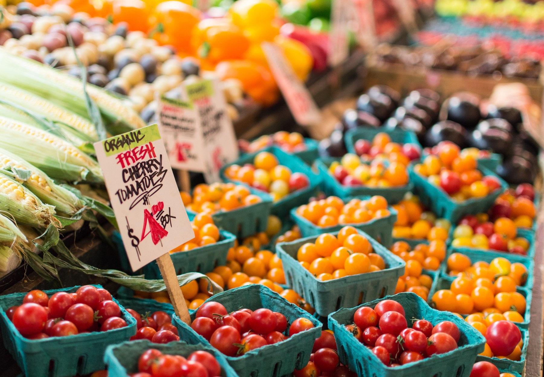 Fresh produce arranged at a farmers market