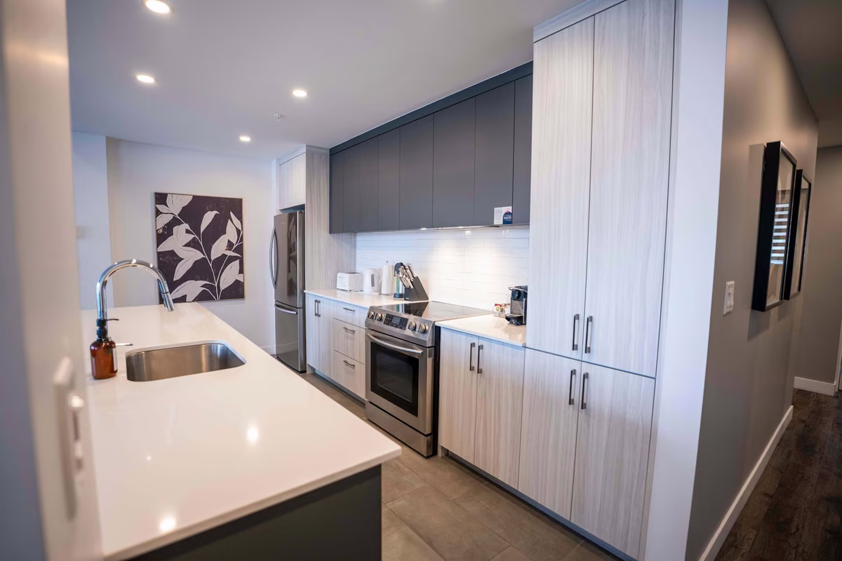 Comptoir et électroménagers de la cuisine du condo 108, Aurea Charlevoix