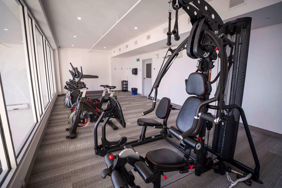 Salle d'entraînement avec appareils de musculation