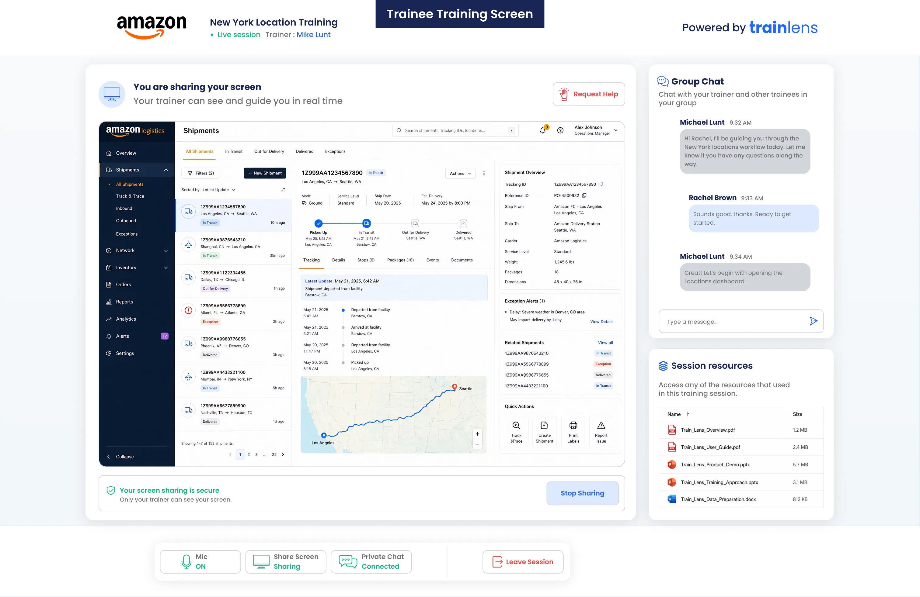 Train Lens trainee workspace showing a shared screen, group chat, session resources, and request help control