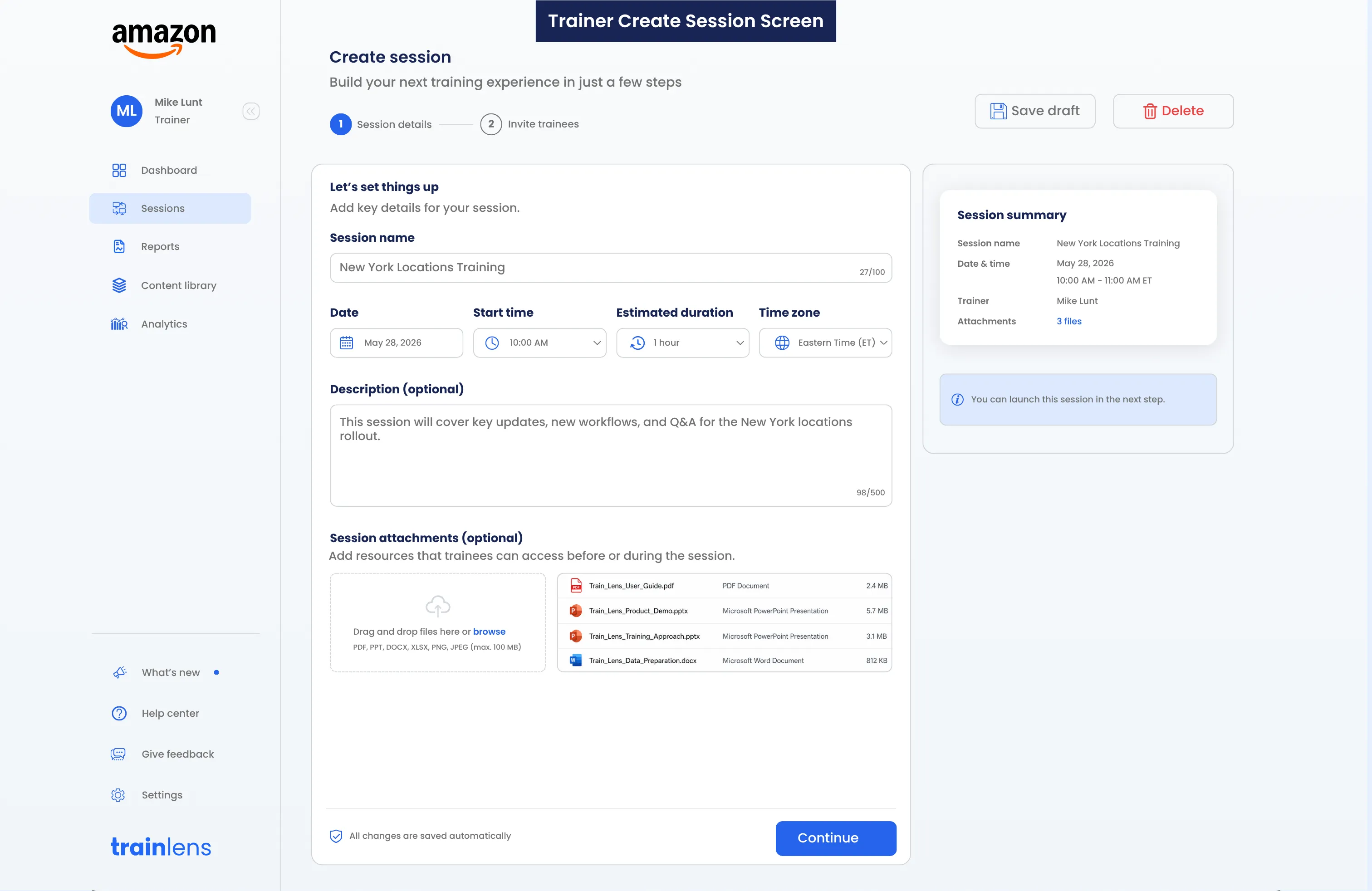 Train Lens Create Session screen with scheduling details and session resource attachments