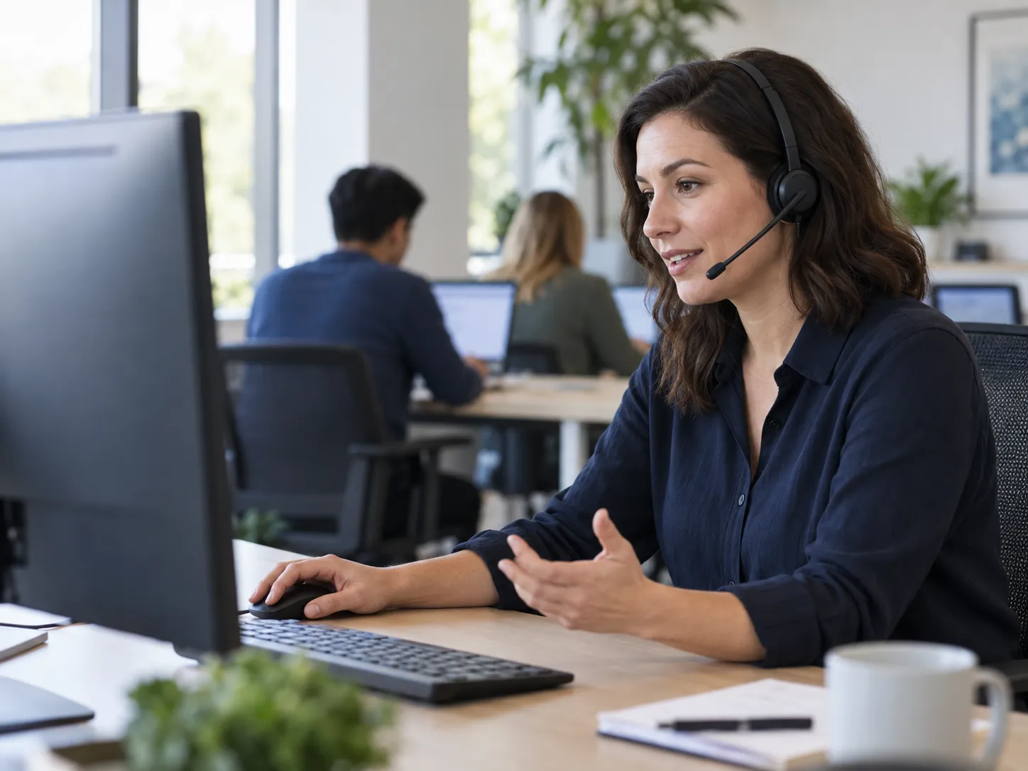 Trainer providing private coaching during a live software training session.