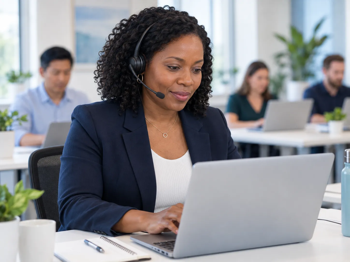 Trainer guiding a live software training session from her own workstation.