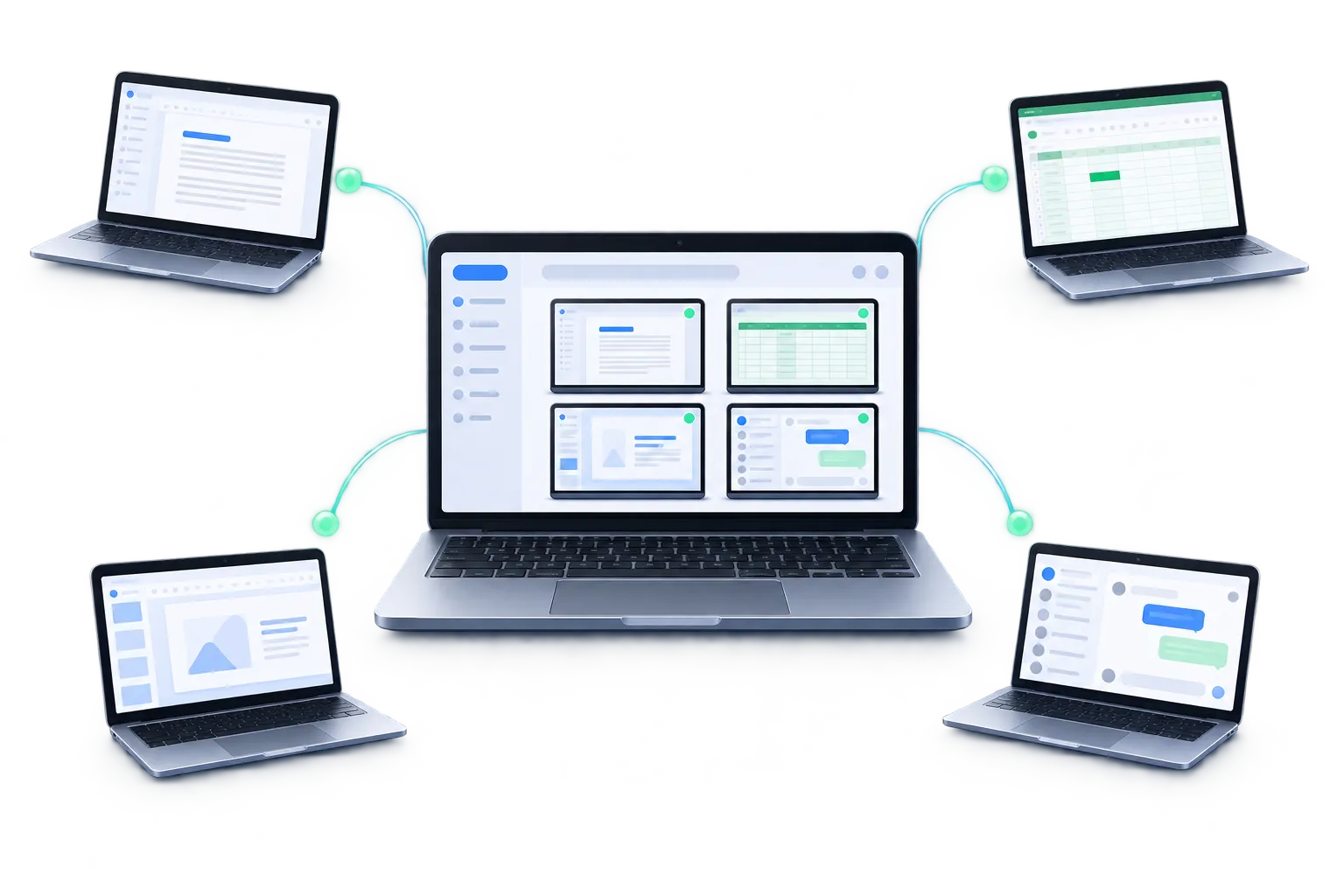 Four trainee laptops connected to one central trainer dashboard for live screen visibility.