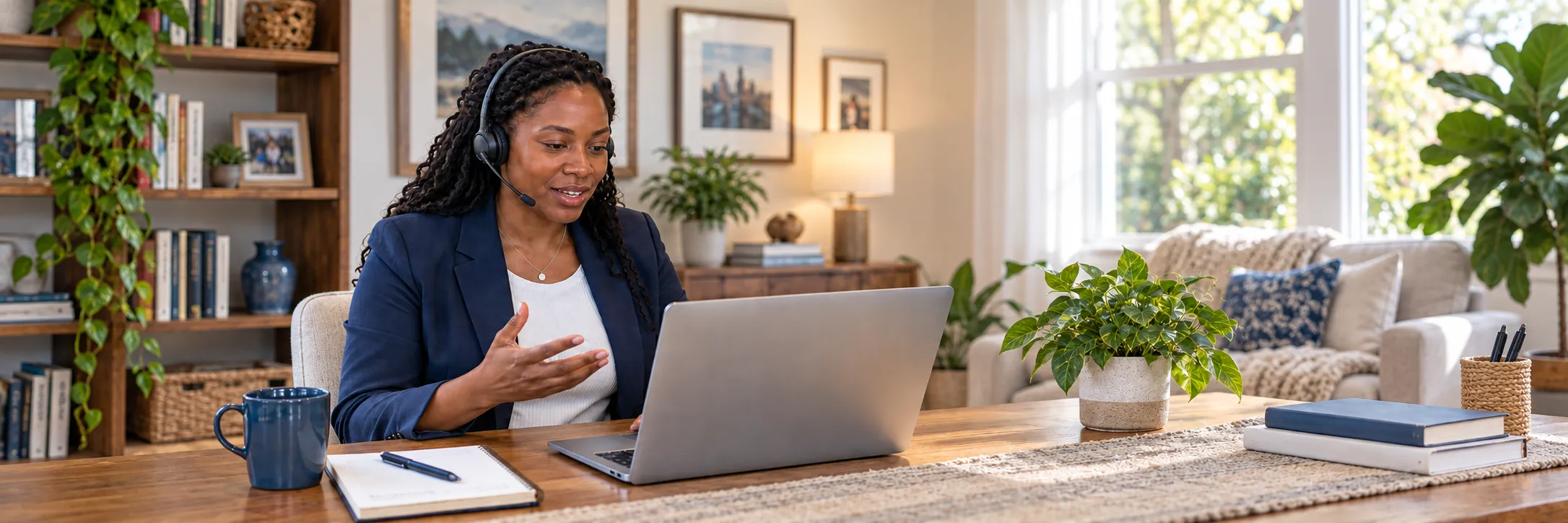 Remote trainer wearing a headset while leading a live training session from her home workspace.