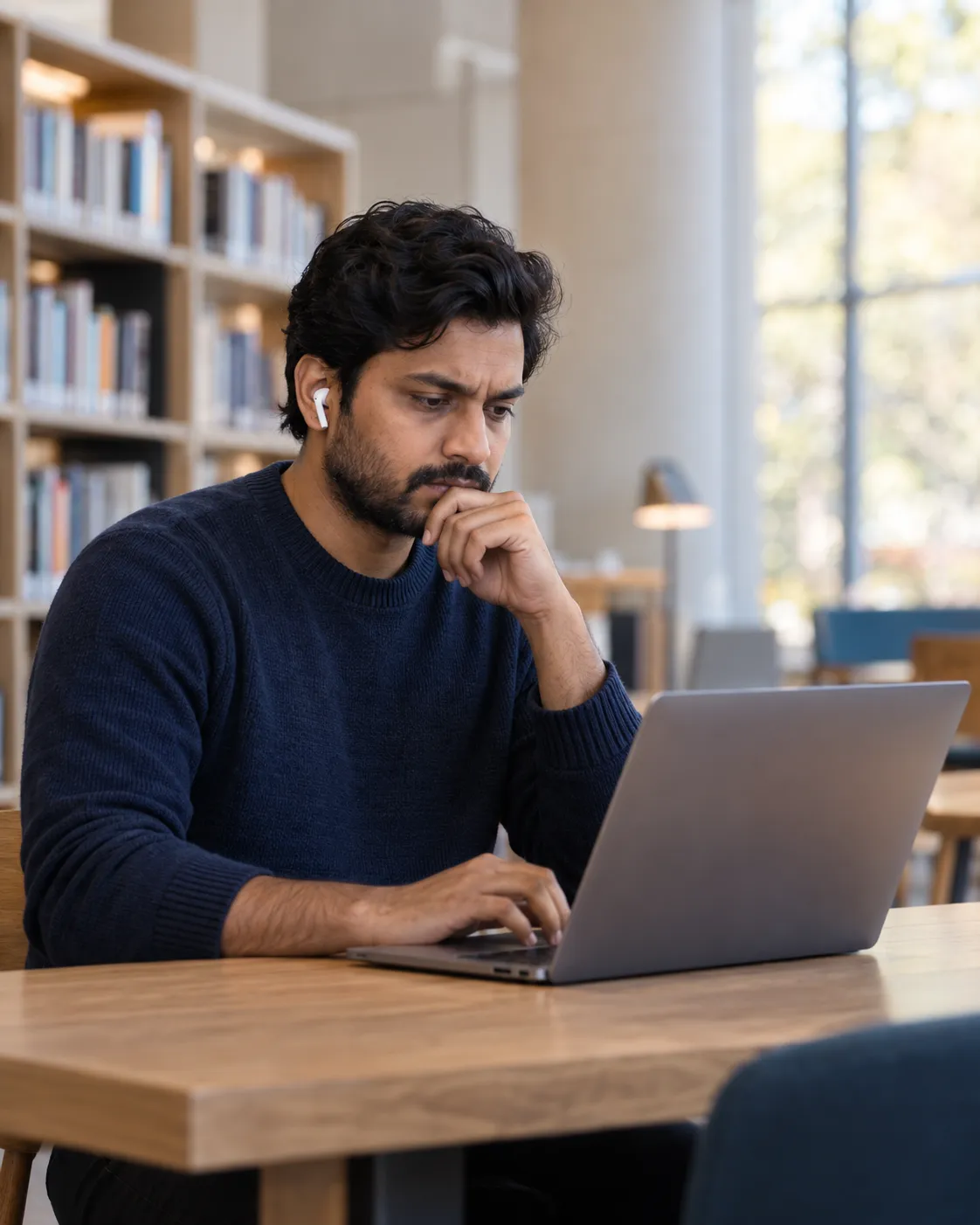 Trainee reviewing a hands-on training task on a laptop before requesting help.