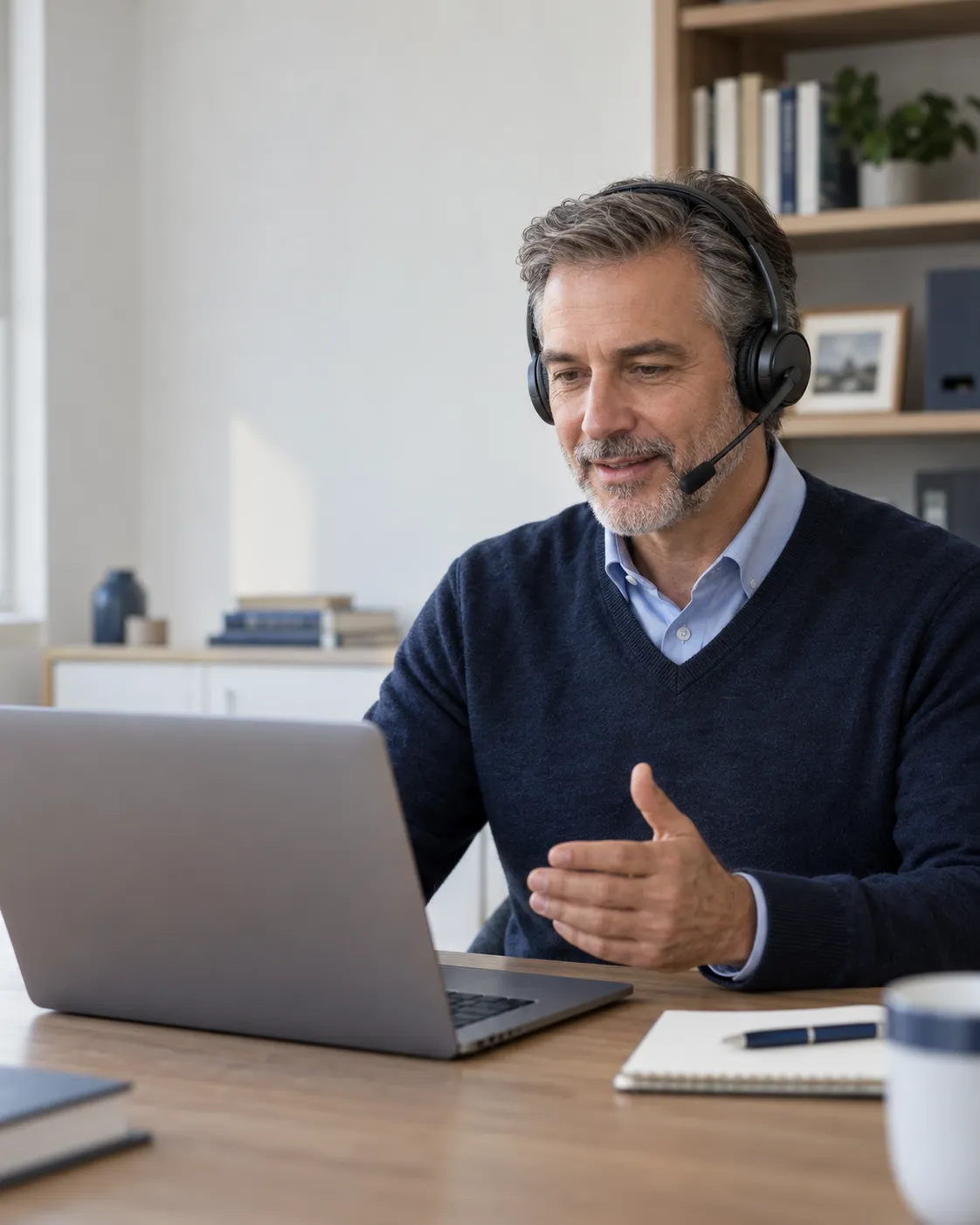 Trainer wearing a headset and responding to a trainee help request from a home office.